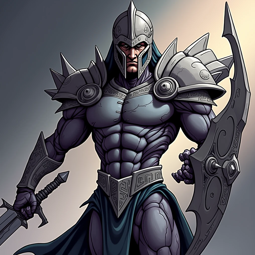 a close up of a person holding a sword and shield, by Exekias, ares with heavy armor and sword, inspired by Exekias, mike deodato jr, he-man with a dark manner, joe gb fenton, by Eddie Mendoza, greek god in mecha style, inspired by Mike Deodato, holding his trident
