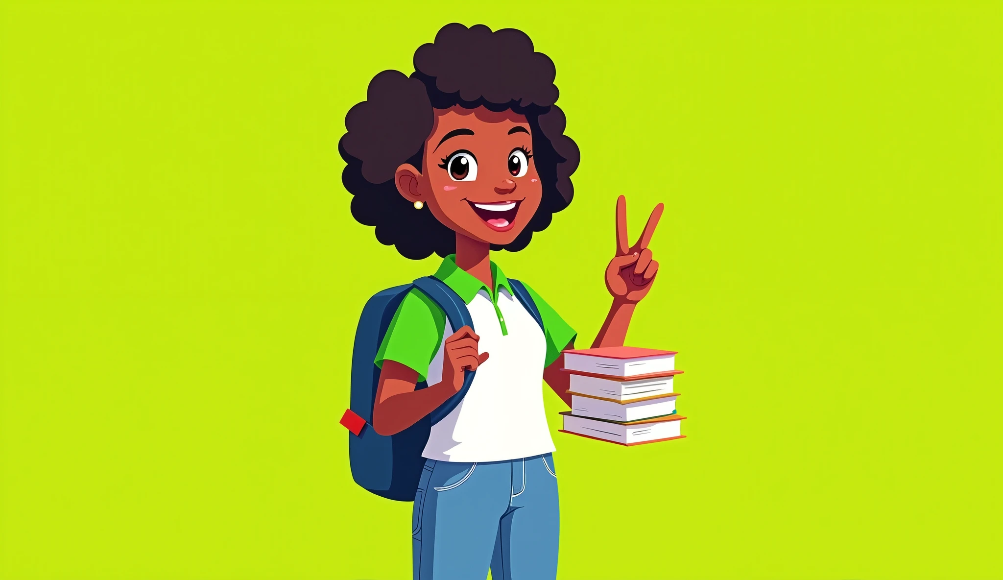 create a 2D cartoon illustration made with simple geometric shapes flat design style pic pay, with the flat colors of a 15-year-old mulatto woman wearing a white polo shirt with green sleeves and collar, and jeans, with backpack and holding some books, very smiling and making the peace gesture on a lime green background