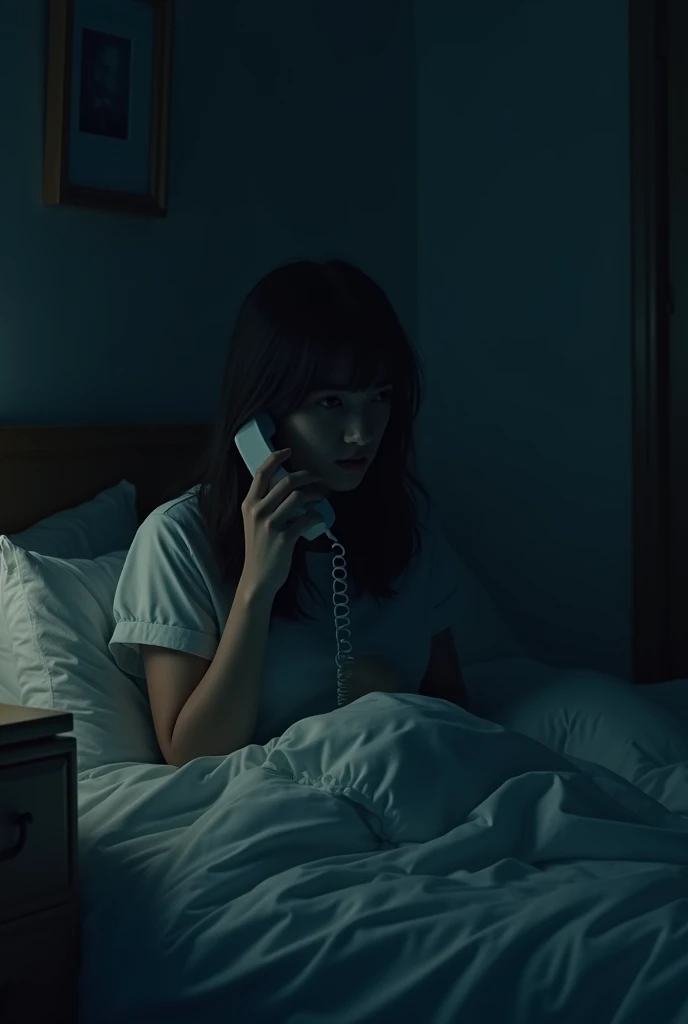 masterpiece, best quality, 1 girl, solo, effect, dark background, night room in a girl answering the phone in bed with a solemn expression