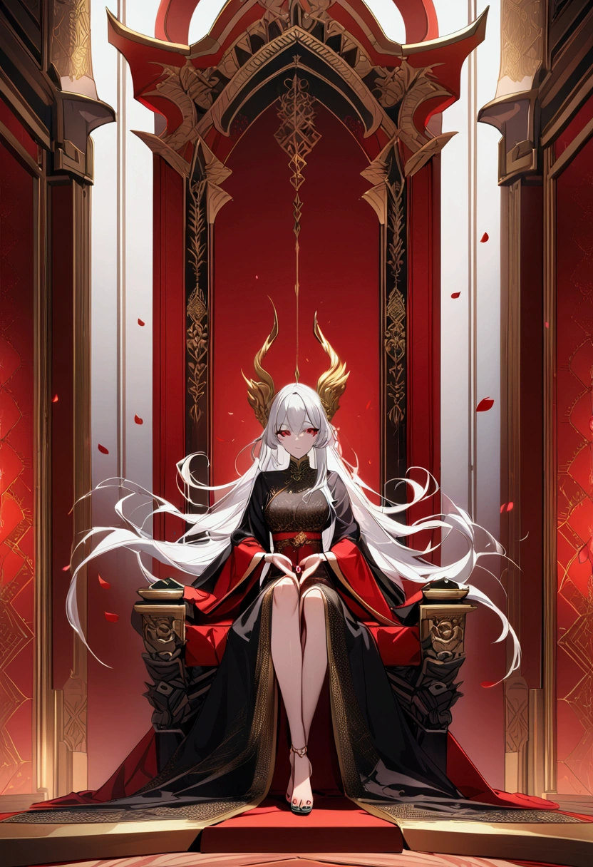 1 girl , Red eyes , (white hair , long hair, floating hair),( sit on the Red throne, Red throne with intricate gold patterns, Throne Room) , ( flowers petals floating in the air) , (( full body , (Black traditional Thai attire with intricate gold patterns)), (details fingers, black fingers nails, details toenails,black toenails) , (elegant posting and beautiful) , masterpiece, UHD , 8K , Anime style