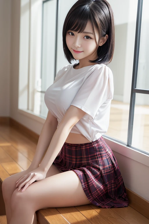 8k, Raw photo, highest quality, masterpiece:1.2), masterpiece, highest quality, figure, Very detailed, Fine details, High resolution, 8k,wallpaper, Perfect dynamic composition,(Detailed high quality, Realistic depiction of eyes:1.3)、A woman who has been  and has her hands tied、Arms wrapped around his back, hands tie behind back, Sitting on a bright gym floor with feet together and knees bent in front of each other、With legs wide open、Tartan plaid pleated skirt、whole body、White panties are visible、The whole thing faces forward、２１talent、Beauty、Well-formed face、Make your eyes even、Beautiful black hair、Has bangedium build、Well-balanced proportions、Beautiful legs、Short sleeve blouse、Fresh face、Beautiful scenery、smile、Large Breasts1.4