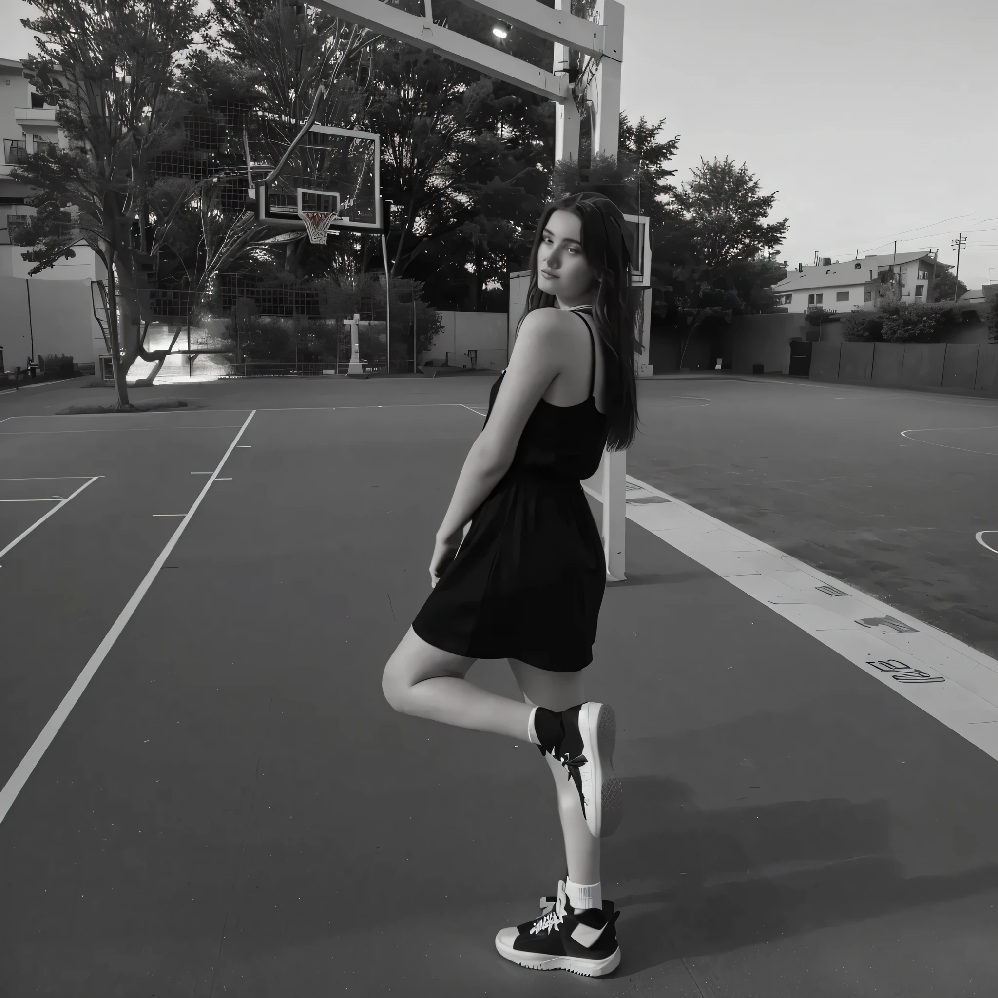 arafed y girl in a white dress standing on a basketball court,same look as oryginal