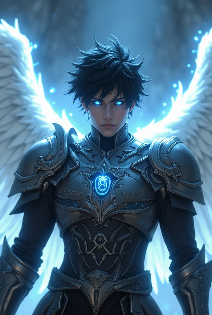 a steely glaze of a male black shorthaired battle angel with blue glowing and glittering eyes, Engraved on his armor is "Kodo", white angelwings,