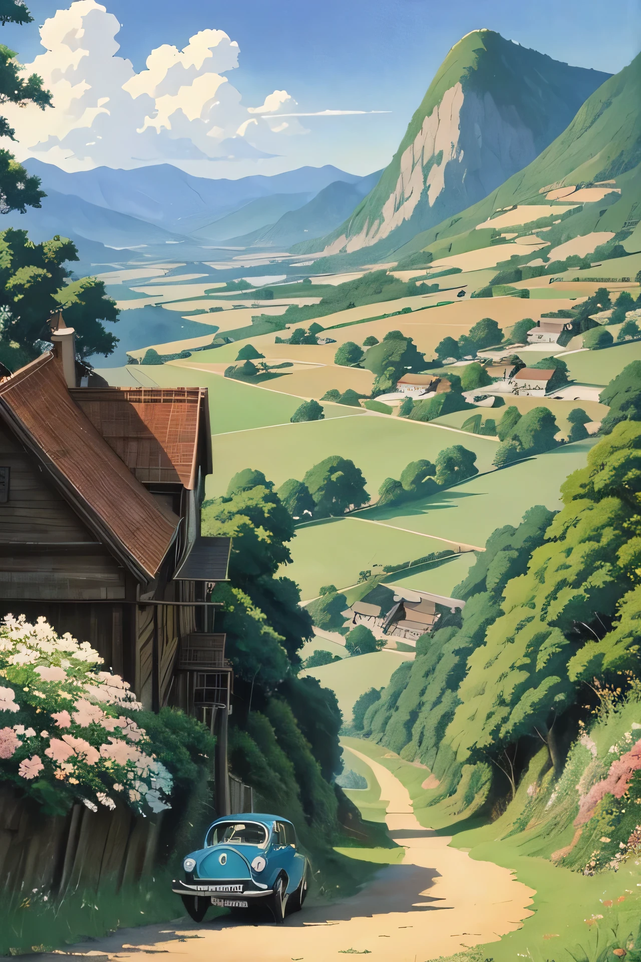 Genuineistic, Genuine, Old Cars,,Beautiful Amazing Landscape Oil Painting Studio Ghibli Hayao Miyazaki Flower Petals Grassland Blue Sky Grassland Country Road and Buildings