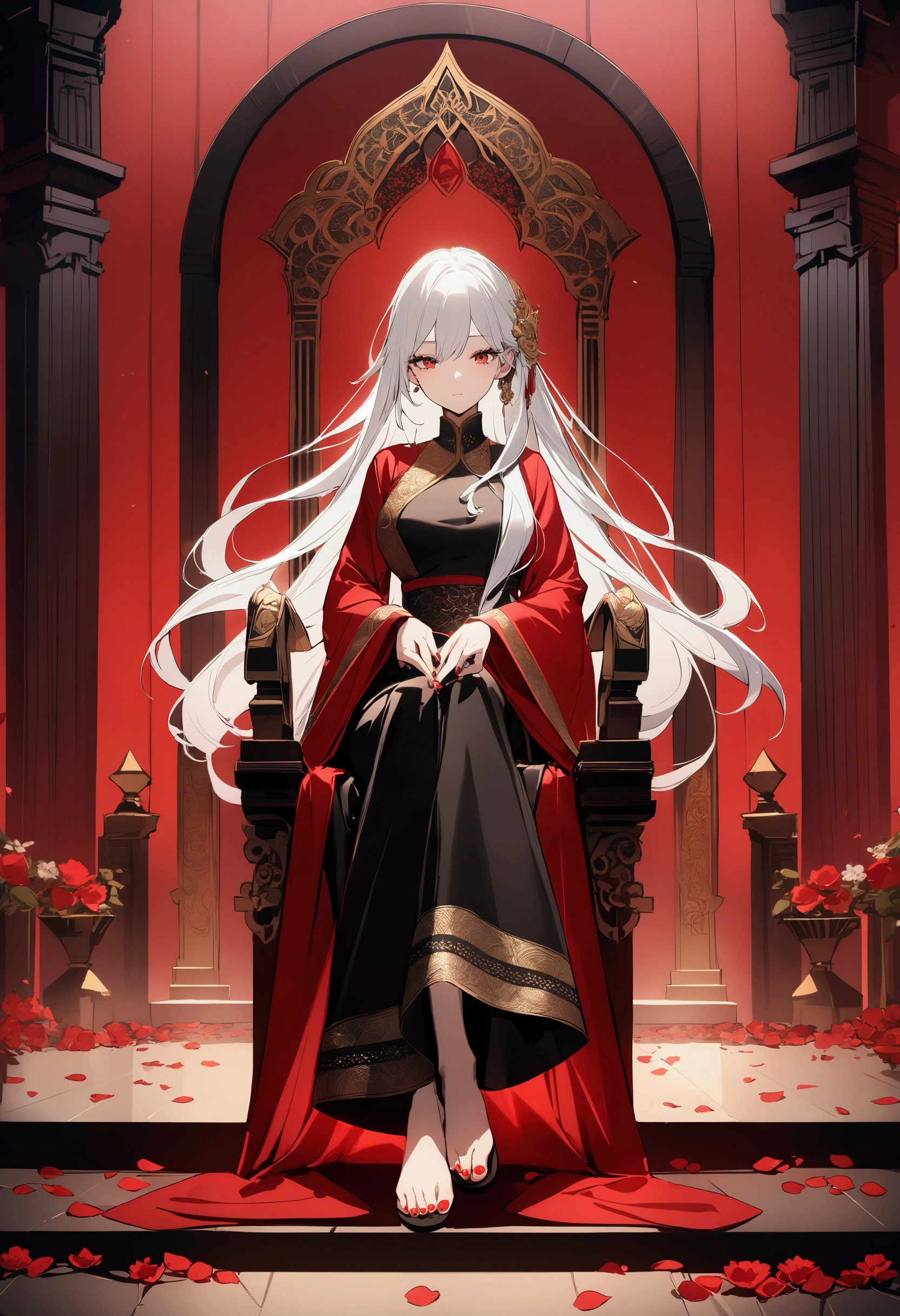 1 girl , Red eyes , (white hair , long hair, floating hair),( sit on the Red throne, Red throne with intricate gold patterns, Throne Room) , ( flowers petals floating in the air) , (( full body , (Black traditional Thai attire with intricate gold patterns)), (details fingers, black fingers nails, details toenails,black toenails) , (elegant posting and beautiful) , masterpiece, UHD , 8K , Anime style