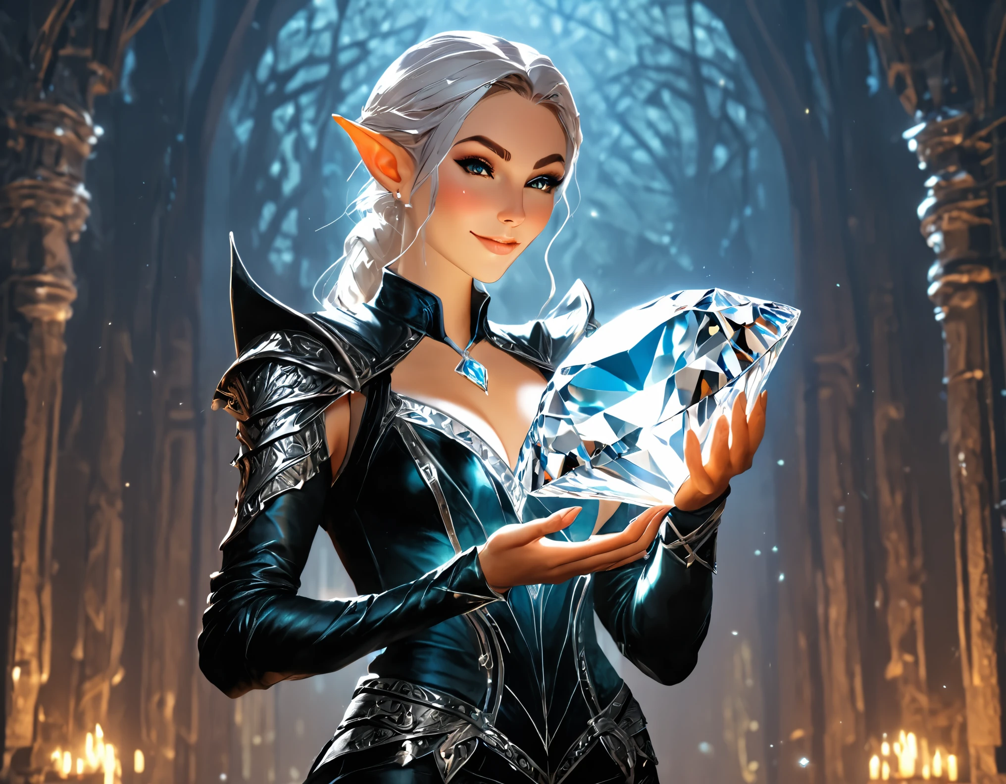 a picture of an elf thief holding an epic diamond in a vault, a female elf thief, full body, small pointy ears, dynamic hair color, dynamic hair style, pale skin, ultra detailed face, wearing black leather leotard, black leather pants, busty, small cleavage, high heel boots, she is happy for reaching her goal, success, holding an epic sized (diamond: 1.3), brilliant diamond, many facets, diamond, fantasy safe vault background, torchlight, vibrant, Ultra-high resolution, High Contrast, (masterpiece:1.5), highest quality, Best aesthetics), best details, best quality, highres, 16k, [ultra detailed], masterpiece, best quality, (extremely detailed) RAW, (ultra details, Masterpiece, best quality), diamondWM, Cinematic Shot