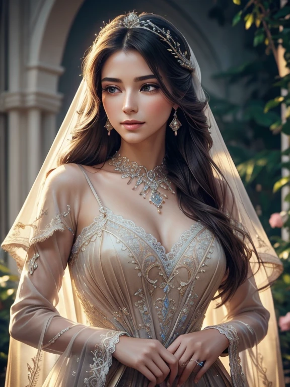 "Beautiful attention to detail, Beautiful lip detail, Highly detailed eyes and face, Long eyelashes, Soft and flowing hair, Elegant pose, Calm expression, Vibrant colors, Realistic lighting, Exquisite Jewelry, Graceful Movement, Dreamy atmosphere, Captivating beauty, Fascinating Background, A fantastic atmosphere, intricate lace detailing, Delicate embroidery, Exquisite craftsmanship, Enchanting elegance, Delicate fabrics, Play of light and shadow"