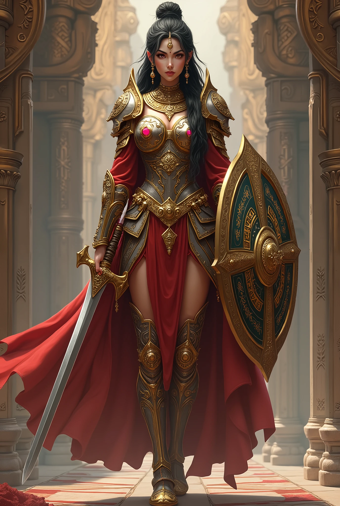 (Best quality, 4K, high resolution, masterpiece:1.2), (ultra-detailed, photo-realistic:1.37), Deva Vishakha in the armor of the elite Indra Royal Guard. Deva Vishakha is depicted as a tall and athletic warrior with a commanding presence. She has piercing eyes and a dignified bearing, with long, dark hair often tied back in a practical style. Her skin has a radiant, ethereal glow, signifying her divine heritage. She wears intricately designed armor adorned with symbols of protection and power, and precious gemstones. The armor includes a flowing cape. She carries a sword with an ornate hilt and a shield with the emblem of the Vajra Vamsa clan. The background shows a majestic palace with intricate carvings, emphasizing her role as a formidable warrior and leader.",
