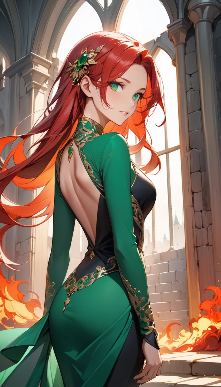 A majestic, slender-built woman with emerald green eyes, sharply defined facial features, and elegantly, adorned with a magnificent, fiery red hair that cascades down her back, castle interior