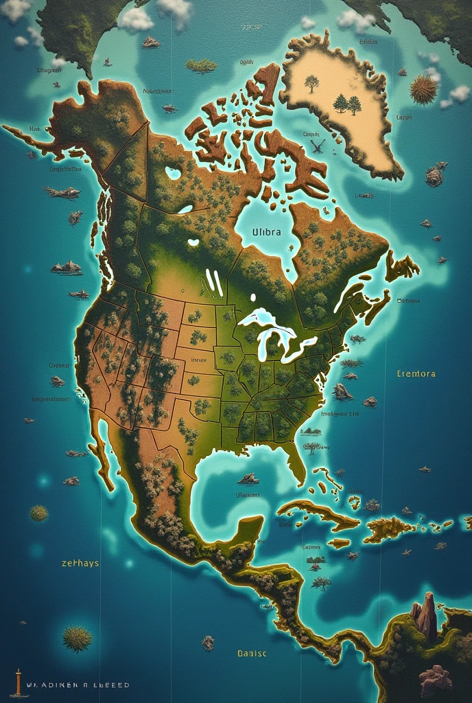 The world map of this fantastical realm is a sprawling tapestry of diverse landscapes and continents. At the center lies Eldoria, the largest continent, serving as a hub due to its central position. This land is marked by vast grasslands, dense forests, and majestic mountain ranges. To the southwest, Zephyra is surrounded by ocean waters, known for its tropical islands and lush rainforests. Drakoria, in the northernmost reaches, is isolated by icy seas and rugged mountain ranges, creating a land of snow and glaciers. Southeast of Eldoria, Sylvanys stretches with its endless savannas and dense jungles, bordered by expansive rivers. Lastly, to the northeast, Arcanum is shrouded in mystical fogs and enchanted forests, embodying the magical essence of this world. Vast oceans and mysterious waters separate these continents, each hosting unique ecosystems and cultures, all contributing to the rich and vibrant tapestry of this fantasy world.