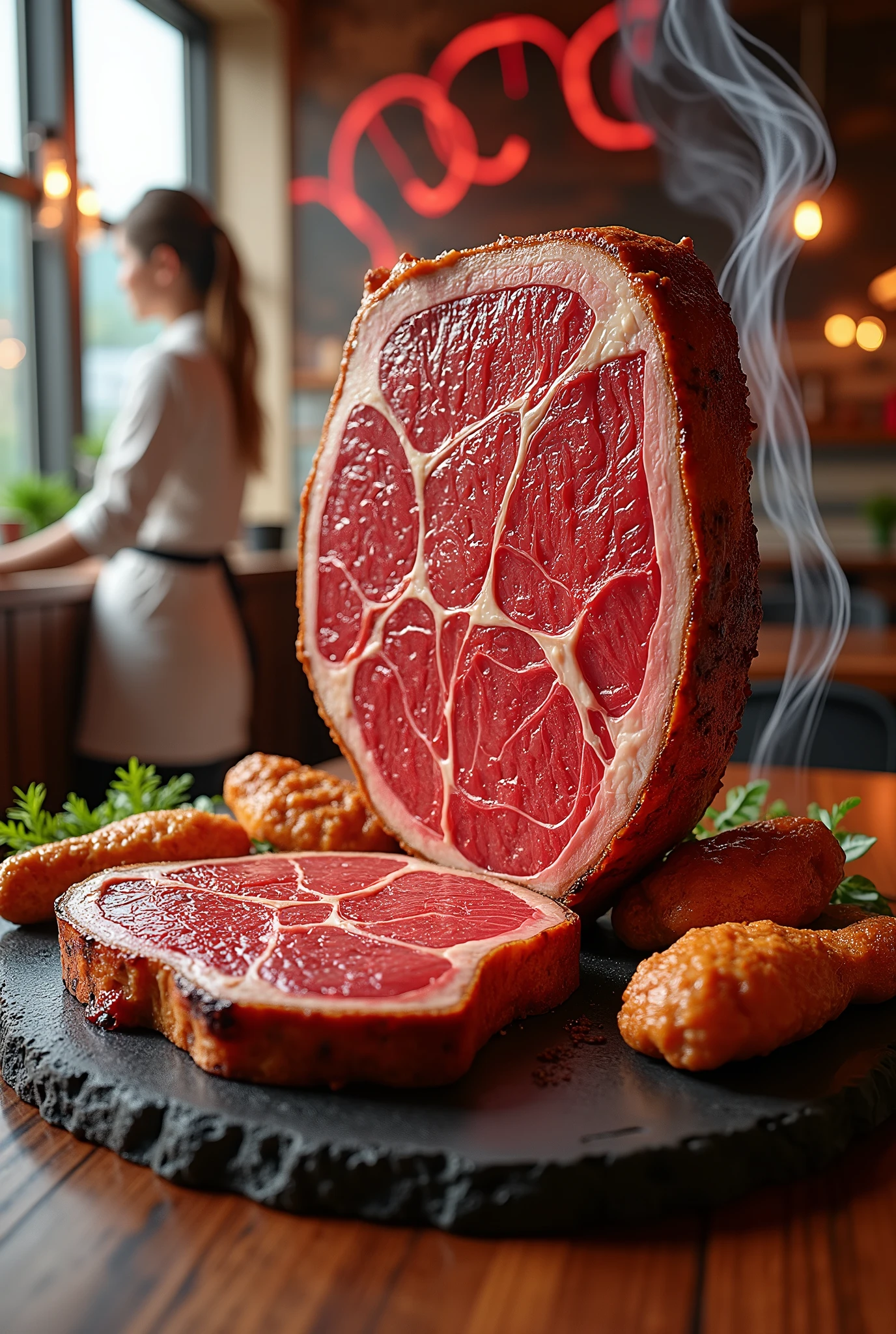 the facade of Sherman Way depicts a 3D steak, with well-detailed, 3D grilled chicken, a three-dimensional logo made entirely of transparent billowing smoke, bright colors that explode with their shape, conceptual art, 3D rendering, photography, cinematography, poster, typography, an interesting angle of abstraction, golden brown crust steak, Francesco Raibolini, veined steak, two smoky chicken wings, beautiful waitress, signboard, smooth curved design