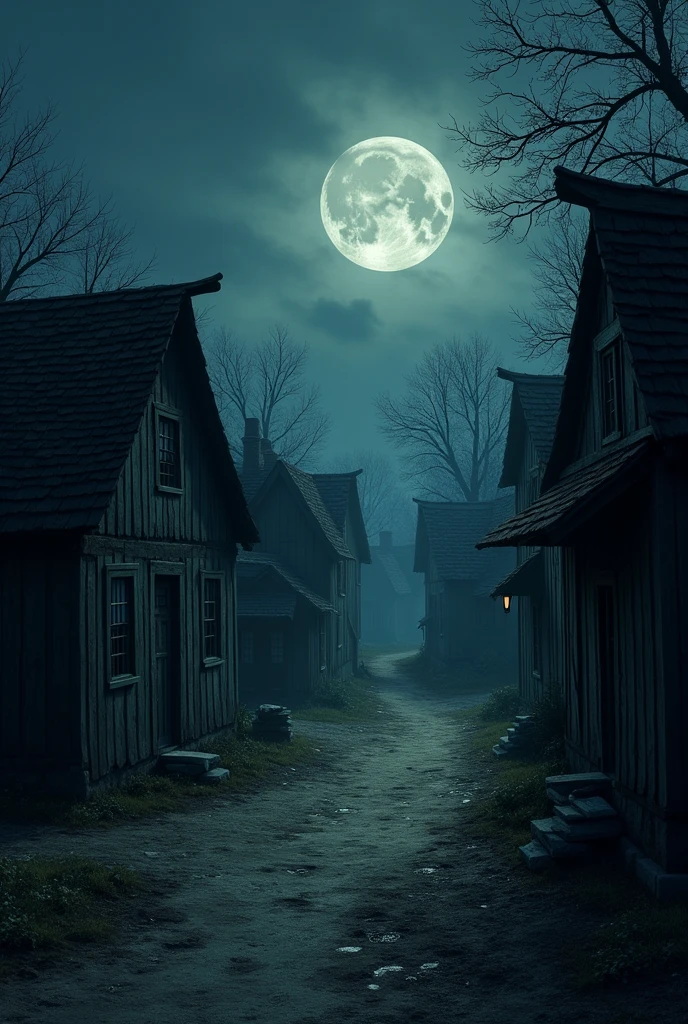 Village at Night: A small, quiet village under a dark, moonlit sky with shadows creeping along the narrow dirt paths. The village looks ancient, with old wooden houses and an eerie atmosphere, like something is watching from the shadows.