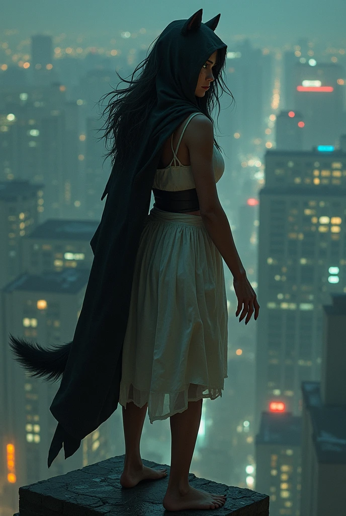 Wild woman in simple white native knee-length dress,  wearing a black hooded robe, your hair comes out in front.  She has greenish-yellow eyes and sharp claws and a wolf&#39;s tail.. Standing in fighting pose, looking at the city at night from the top of the building 

