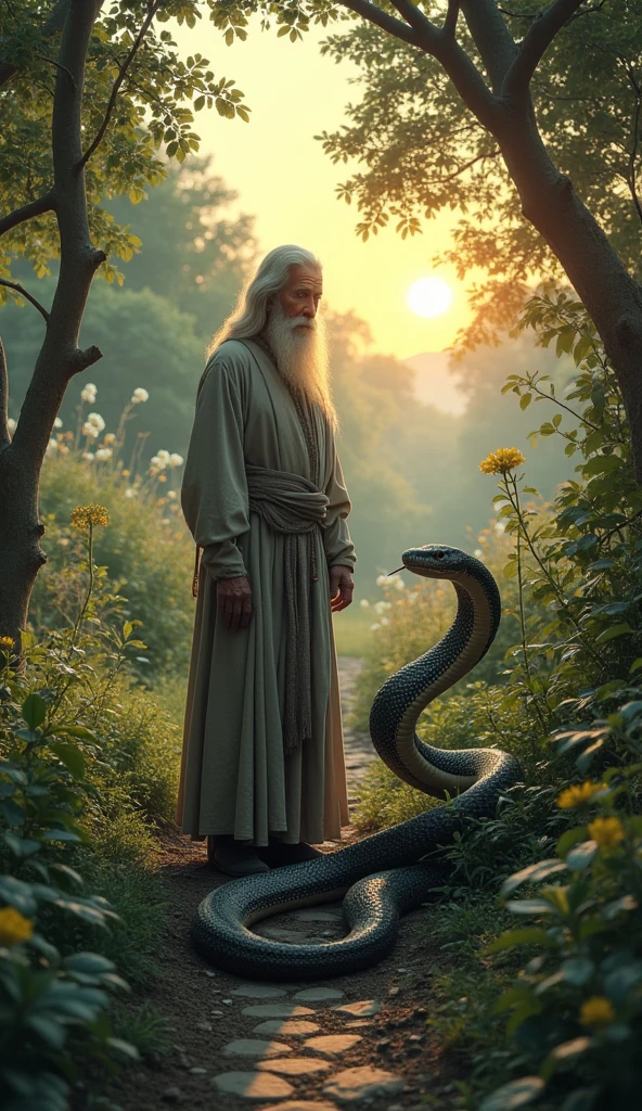 The wise man stands silently in the garden at dusk, his eyes wide with realization as he spots the snake biting the roots of his plants. The scene is bathed in the soft, fading light of the evening.