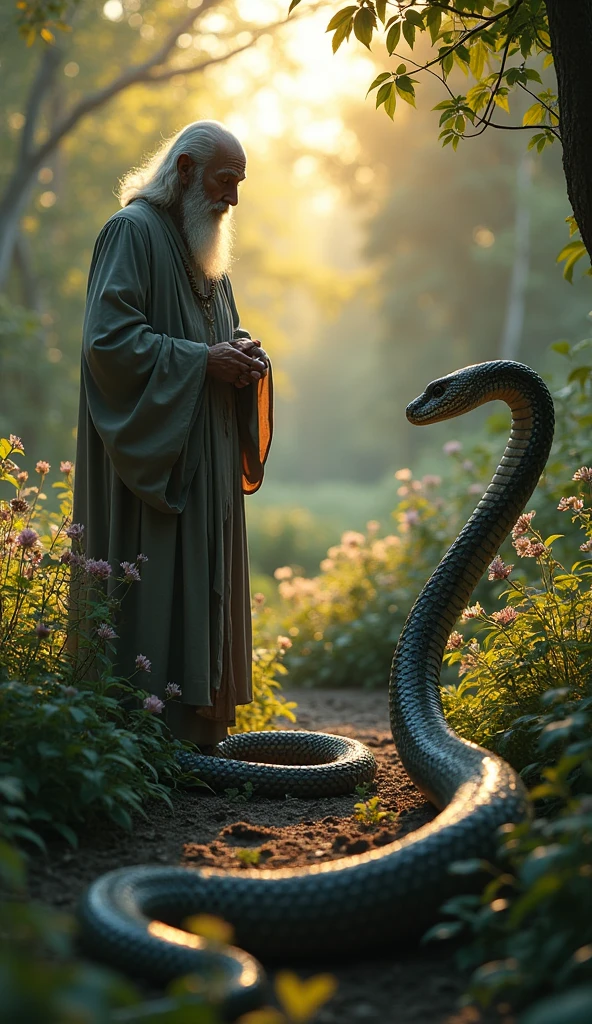 The wise man stands silently in the garden at dusk, his eyes wide with realization as he spots the snake biting the roots of his plants. The scene is bathed in the soft, fading light of the evening.