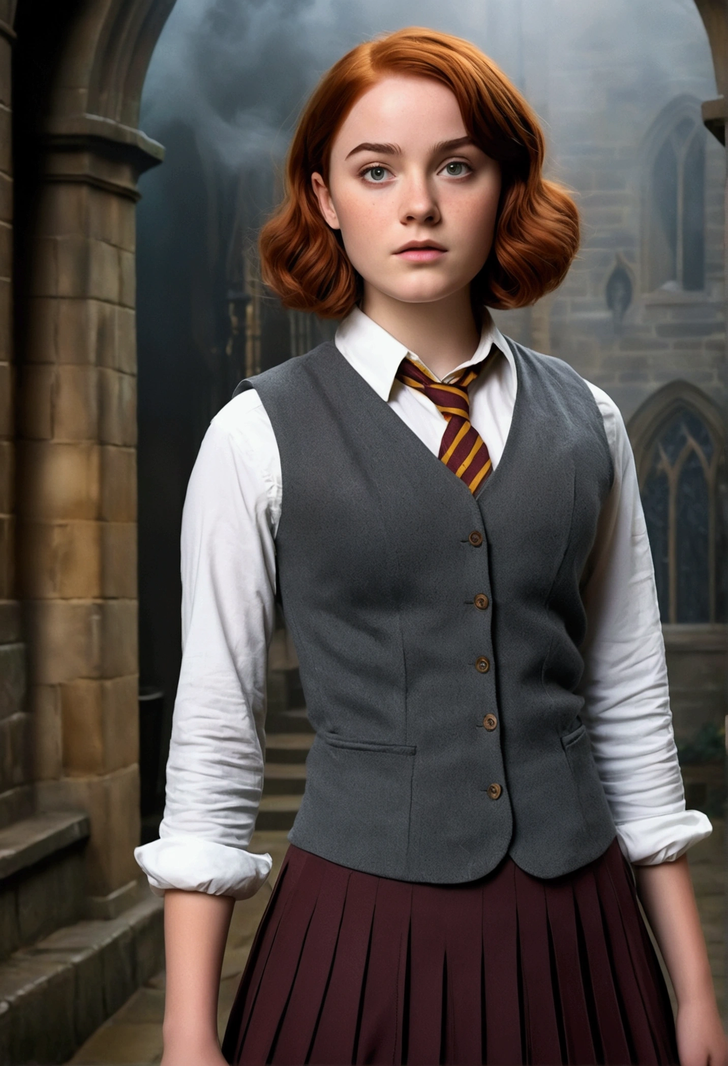 An illustrated movie poster, hand-drawn, full color, a female Hogwarts student, 18-years-old, wearing a charcoal vest and a pleated skirt, athletic hourglass figure, full wide hips, massive round butt, long shapely legs, ridiculously thick powerful thighs, vibrant eyes, deep dark auburn hair, short curly bob cut, flushed sun-kissed complexion, freckles, resembles Genevieve O'Reilly, standing in a foggy Hogwarts courtyard, surrounded by mist, graphite shading, stencil marks, airbrushed acrylic paint, masterpiece, close-up shot, in the Deathly Hallows