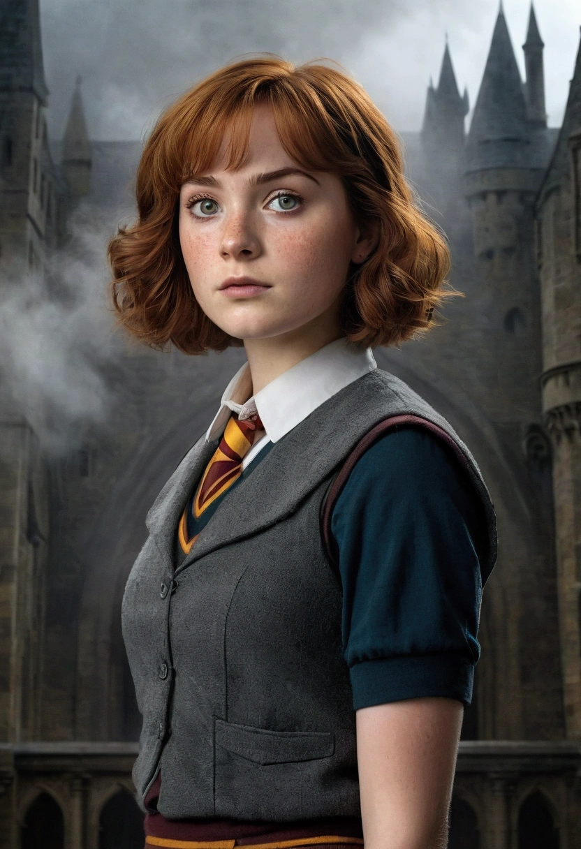 An illustrated movie poster, hand-drawn, full color, a female Hogwarts student, 18-years-old, wearing a charcoal vest and a pleated skirt, athletic hourglass figure, full wide hips, massive round butt, long shapely legs, ridiculously thick powerful thighs, vibrant eyes, deep dark auburn hair, short curly bob cut, flushed sun-kissed complexion, freckles, resembles Genevieve O'Reilly, standing in a foggy Hogwarts courtyard, surrounded by mist, graphite shading, stencil marks, airbrushed acrylic paint, masterpiece, close-up shot, in the Deathly Hallows