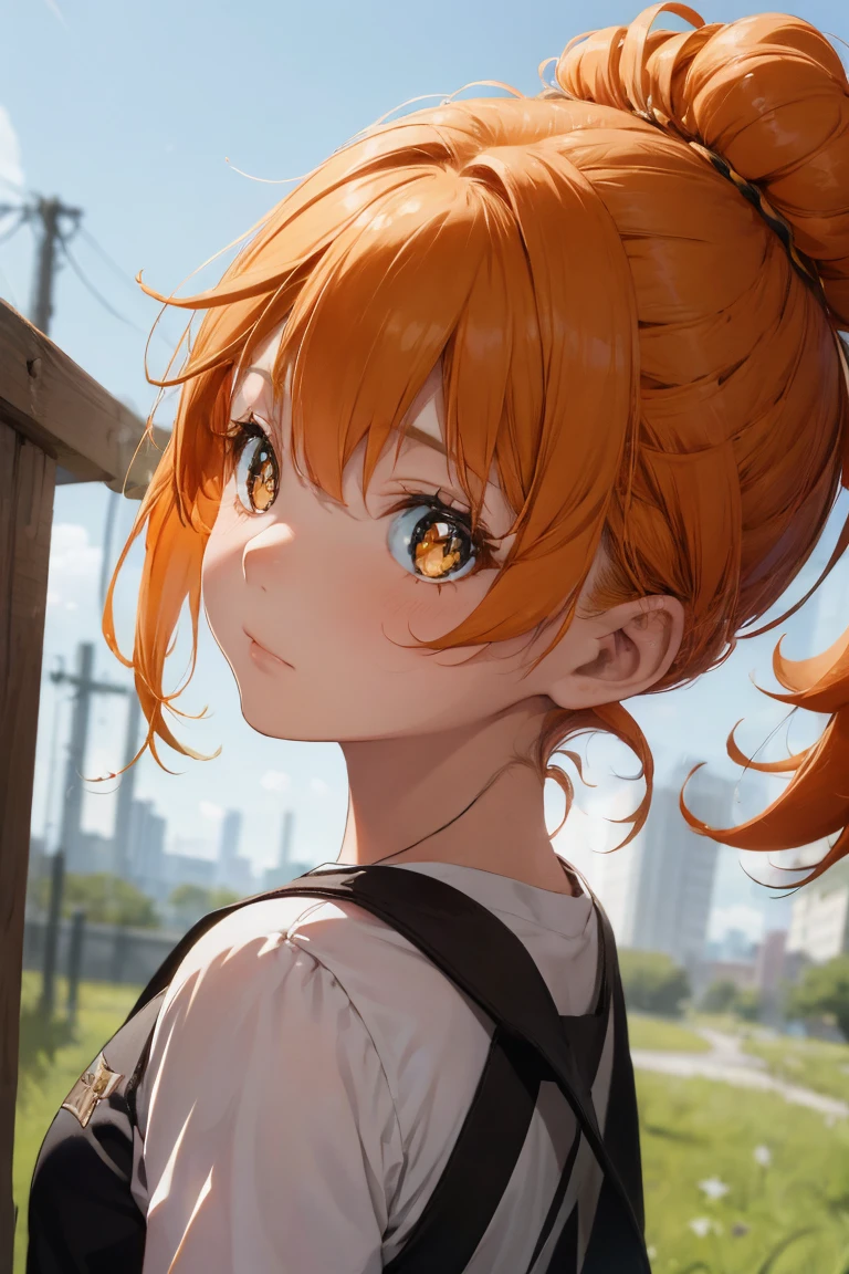 (Ultimate beautiful hair:1.2),a girl with and face looking down with expressionless eyes, 1girl, solo, orange hair,single hairbun,(short hair:1.2),orange eyes,sparkling,from side,AddXL