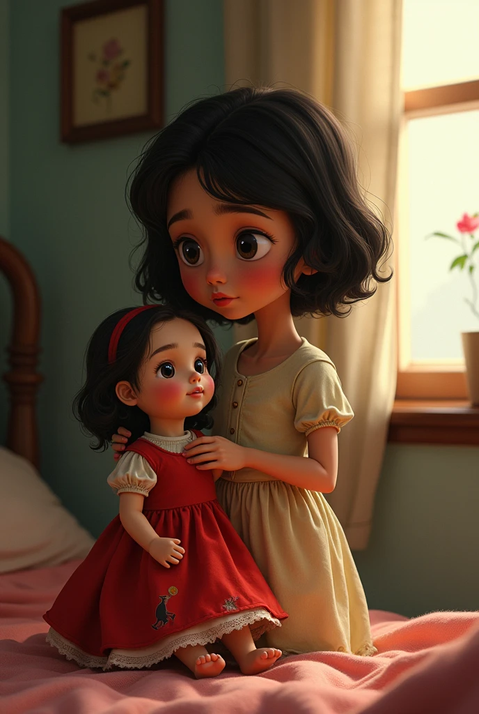 Alima, holding the old doll with the same red dress, examines its torn and faded clothes while standing in her cozy bedroom. She looks thoughtful."