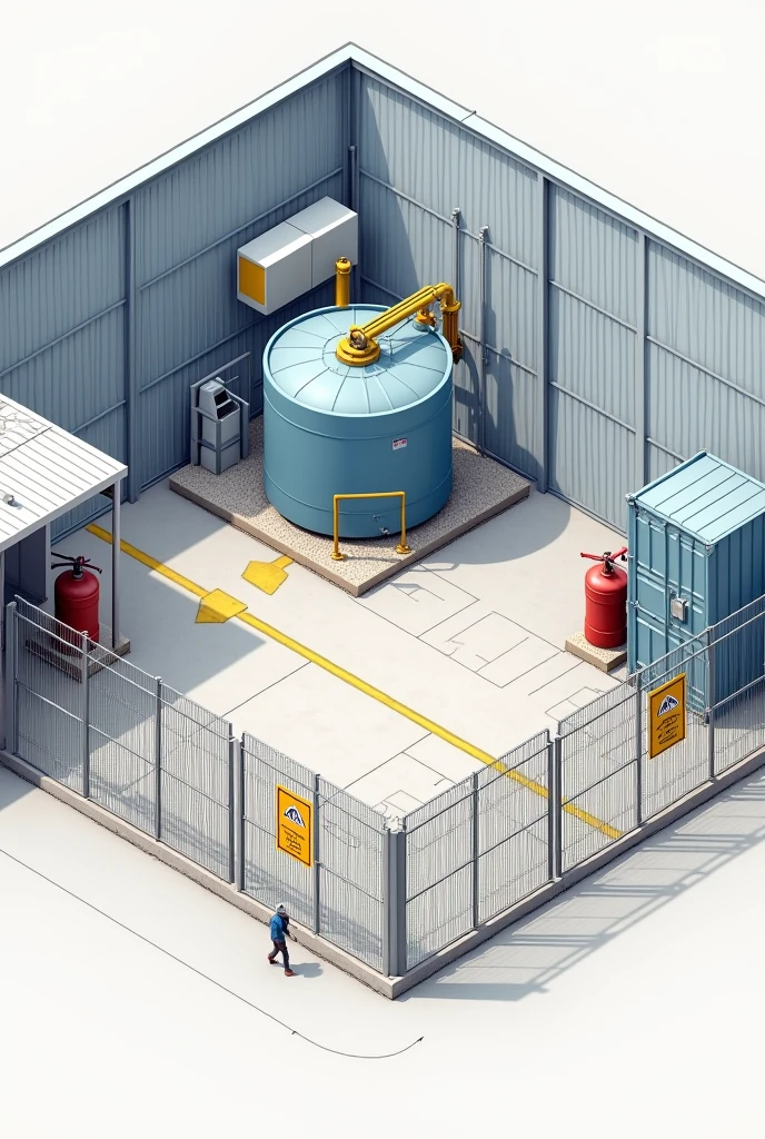 Start by sketching out your storage area.:Draw a straight line to define the storage area as a rectangle..Add details to the fence around the area to prevent unauthorized access..Drawing of chemical storage tank:วาดถังorบรรจุภัณฑ์ที่จัดเก็บสารเคมีในตำแหน่งที่เหมาะสม เช่น บนแท่นที่ป้องกันการรั่วไหล.Include details of the warning label on the tank, such as: "Flammable substances" or "No smoking".Add fire protection equipment:Draw fire extinguishers and sprinkler systems near storage areas..วาดหลังคาorโครงสร้างป้องกัน:If it is an outdoor storage but requires protection from sunlight, วาดหลังคาorโครงสร้างป้องกันแสงแดดเหนือพื้นที่จัดเก็บ.Enter other details:Add restricted area signs and walking routes in the surrounding area..