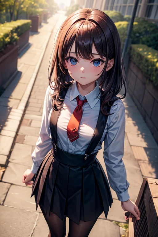 ((masterpiece, Best Quality)), Insaneres, absurdities, Alone, outdoor,
CLOTHES_black bible_school dress_propiowaifu,
1 girl, by rubio, by the wide, blue eyes,
black vest, Red skirt, White shirt, collar shirt, suspenders, School uniform, black thighs, The Great Passage, tie, long sleeves, pleated skirt, red tie,
(from above, Session)Lens flare, depth of field, bokeh, embers, vanishing Point, looking at the viewer,