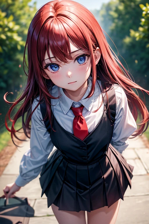 ((masterpiece, Best Quality)), Insaneres, absurdities, Alone, outdoor,
CLOTHES_black bible_school dress_propiowaifu,
1 girl, by rubio, by the wide, blue eyes,
black vest, Red skirt, White shirt, collar shirt, suspenders, School uniform, black thighs, The Great Passage, tie, long sleeves, pleated skirt, red tie,
(from above, Session)Lens flare, depth of field, bokeh, embers, vanishing Point, looking at the viewer,