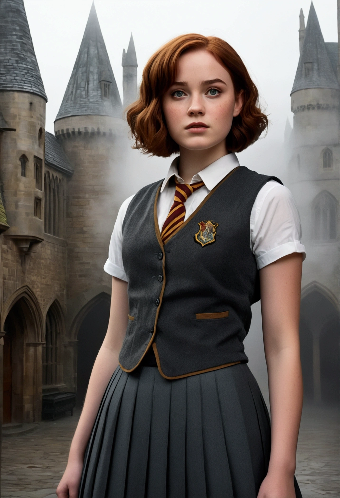 An illustrated movie poster, hand-drawn, full color, a female Hogwarts student, 18-years-old, wearing a charcoal vest and a pleated skirt, athletic hourglass figure, full wide hips, massive round butt, long shapely legs, ridiculously thick powerful thighs, vibrant eyes, deep dark auburn hair, short curly bob cut, flushed sun-kissed complexion, freckles, resembles Genevieve O'Reilly, standing in a foggy Hogwarts courtyard, surrounded by mist, graphite shading, stencil marks, airbrushed acrylic paint, masterpiece, close-up shot, in the Deathly Hallows 