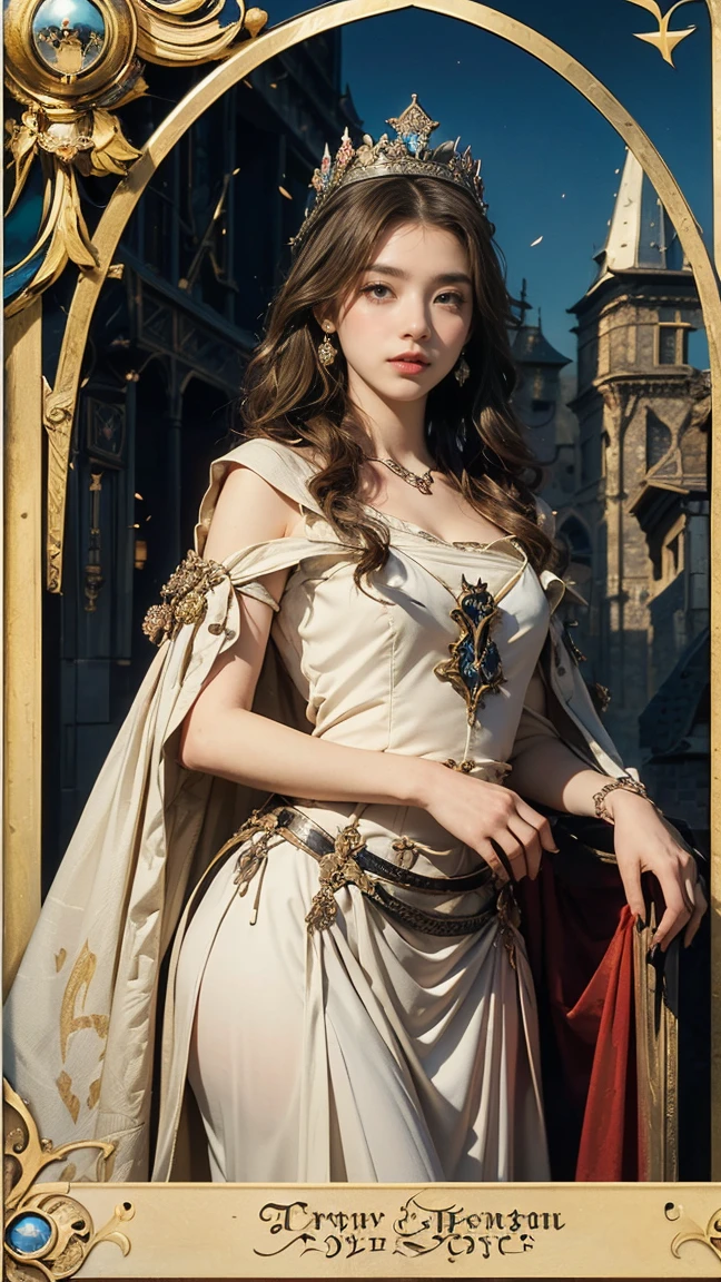 Highest quality、masterpiece、タロットcard、Balance scale、(Morgan Greer Tarot:1.2)、Retro art style、Thick outline、English text、Roman numerals、card、(Fit the frame properly:1.2)、(タロットcard風の枠:1.5)、((Medieval Europe、wearing crown、Beautiful woman:1.5))