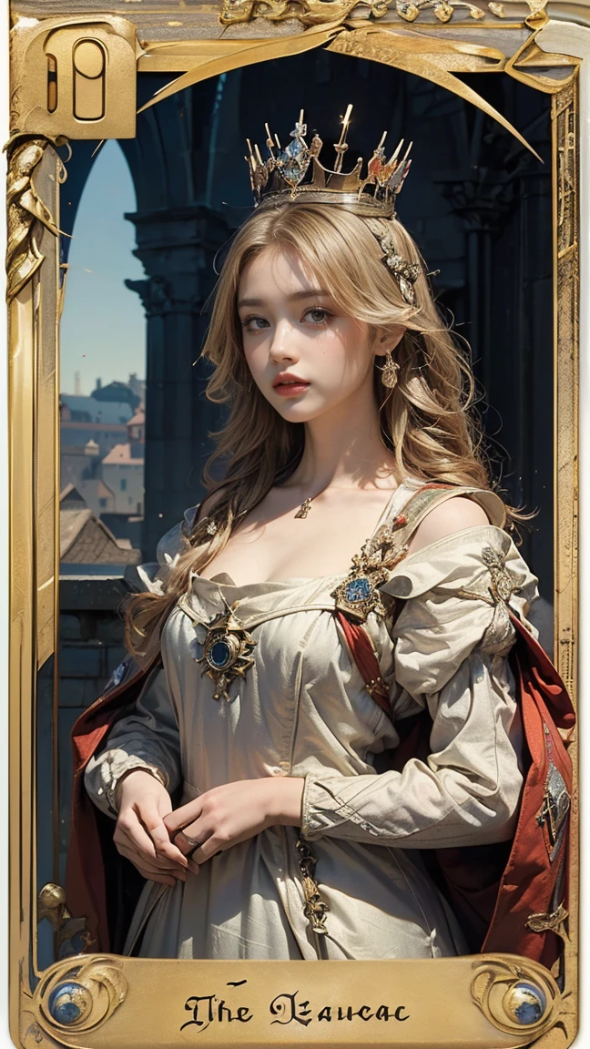 Highest quality、masterpiece、タロットcard、Balance scale、(Morgan Greer Tarot:1.2)、Retro art style、Thick outline、English text、Roman numerals、card、(Fit the frame properly:1.2)、(タロットcard風の枠:1.5)、((Medieval Europe、wearing crown、Beautiful woman:1.5))