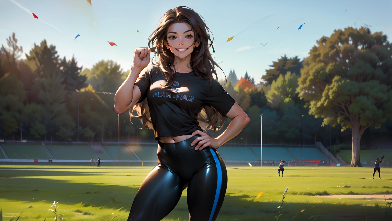 (Young woman 2, 1,75 m with 62 kg, athletic fitness body with agile appearance), ((skin fair)), (((long brown hair))), (((shiny brown eyes))), ((wearing black tights and a short blue t-shirt)), (((standing in a celebratory pose and alone))), ((confident smile with beautiful teeth)), ((in the open air field))