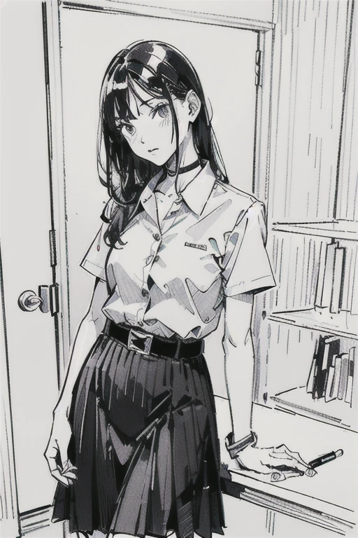 One Girl, Line art, Monochrome, sketch, Pencil drawing, Traditional Media, One Girl, skirt, Cute Teenage Girls, , Beautiful portrait、Delicate body、Black Hair、Black Hair, landscape, Black and White, HD wearing MAHALAIUNIFORM,(((WHITE SHIRT SHORT SLEEVES))),((BLACK polished LONG SKIRT)),((BLACK PLEATED SKIRT)),( in her room)),(choker),((white shirt short sleeves )),((black long skirt)),(belt) ,useing pen and doing homework on table