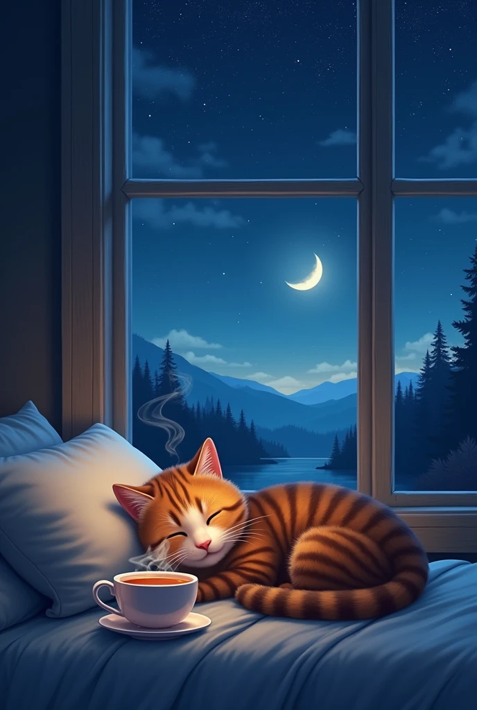 Cat sleeping on pillow, steaming tea, ,A window with a beautiful view, Night Sky, moon. YouTube Size, Tea Tiger Cat