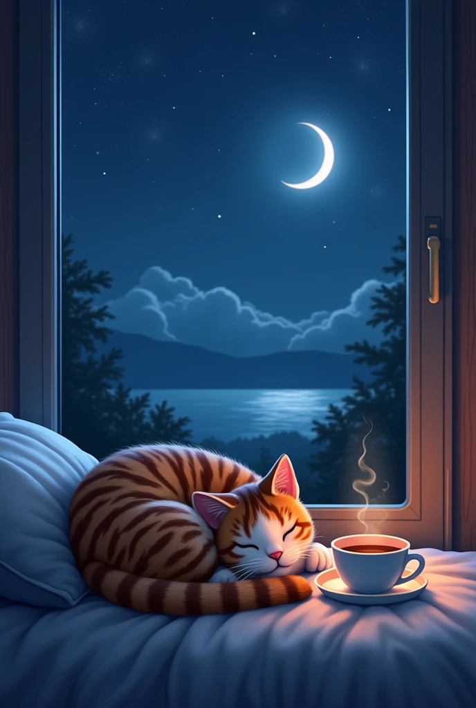 Cat sleeping on pillow, steaming tea, ,A window with a beautiful view, Night Sky, moon. YouTube Size, Tea Tiger Cat