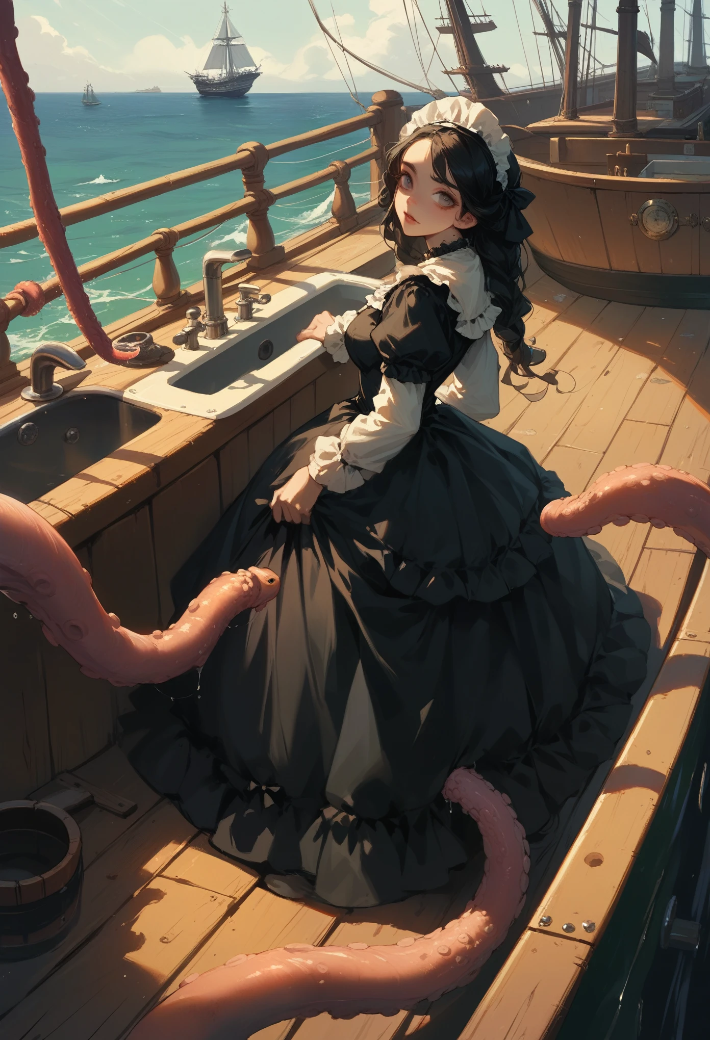 Giant girl leaning out of the sea. She wears a gothic dress. dress with ruffles. Innocent laughter.  Grab and sink the ship. Wooden boat. Tentacles extending from the sea. View from the ship.
