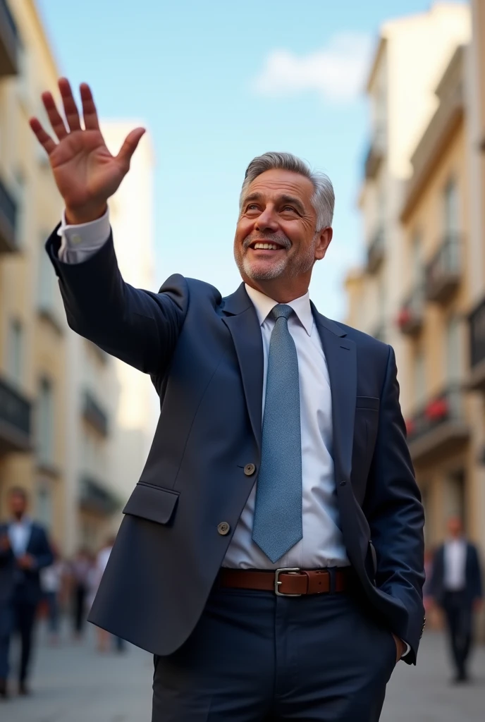 a 40 year old man elected mayor in brazil, in a suit and pants waving, 