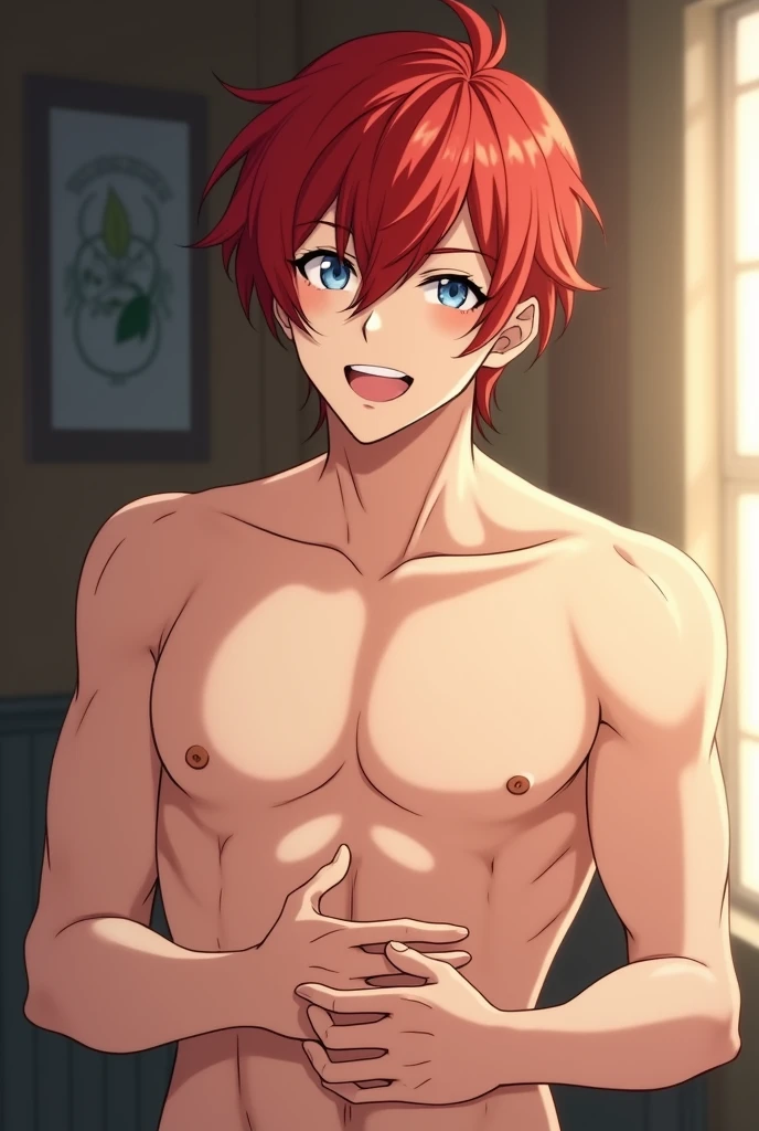 Gay boy ,naked masturbating, Red hair, ,gentle face ,excited, anime