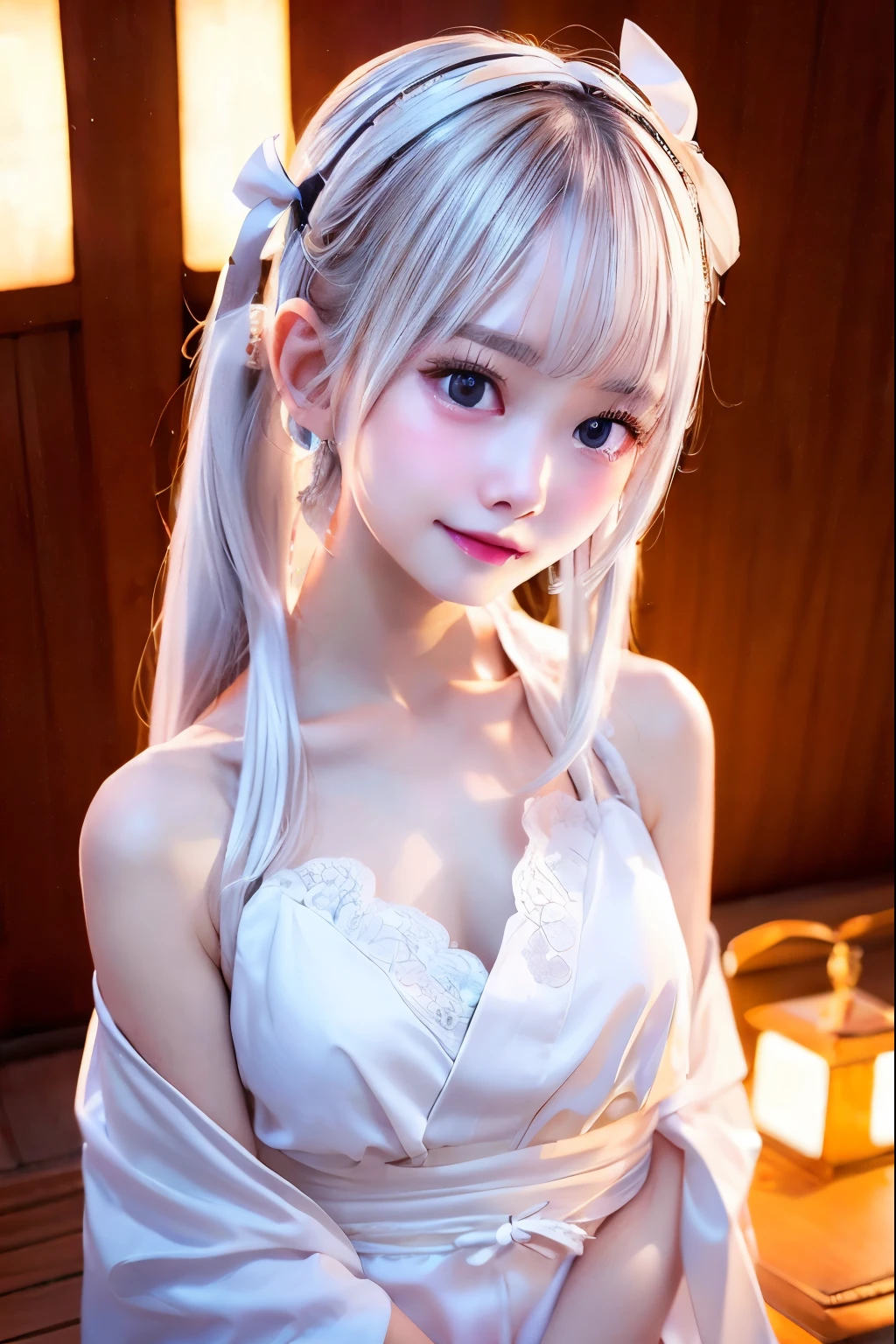 1 girl, yukata,white hair, hot spring,silver straight hair, blondes, medium long hair, headband Lace with white ribbon, she is AYA MIYABI, 2, Bishojo, looking at viewer, she is famous Japanese idol, kawaii, (mascara), eyeliner, almond eye, natural eyebrows, thin lips, Natural color lip, extremely detailed skin, fair skin, smile, cute, realistic face, slender face, beautiful skin, flat chest, clavicle, slender body, Forehead, delicate thighs, skinny legs, lean legs, Best quality, (8k, RAW photo, best quality, childish face, masterpiece:1.2), ultra-detailed, (realistic, photo realistic:1.37), high detail RAW color photo, an extremely delicate and beautiful, extremely detailed(Selfie:1.1), finely detail,