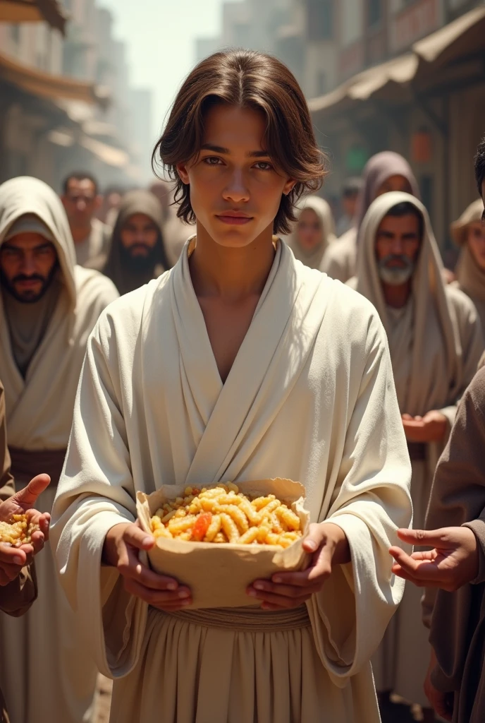 Young man with brown hair and white robe giving food to the hungry
