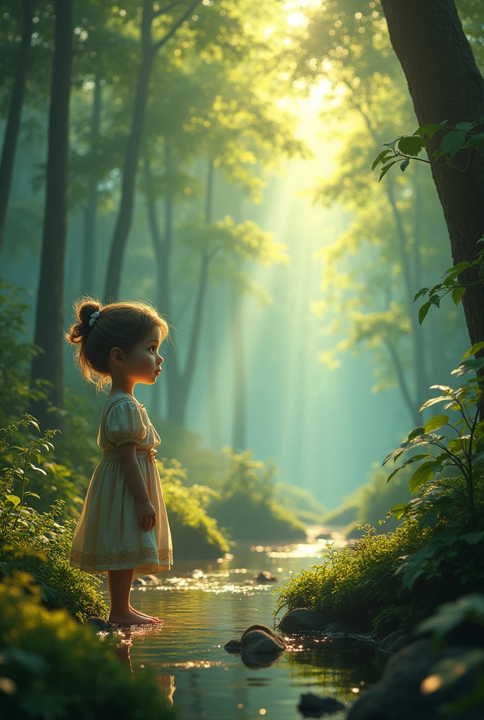 A serene, magical forest with a young girl looking wistfully towards the horizon, feeling a sense of longing and desire for adventure."Hyper-realistic, 8k,ultra HD, pixar style, Disney style, cinima 4d, ar 3:2