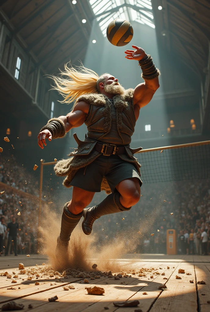 A Viking is in the air spiking the volleyball and the ball breaks the floor