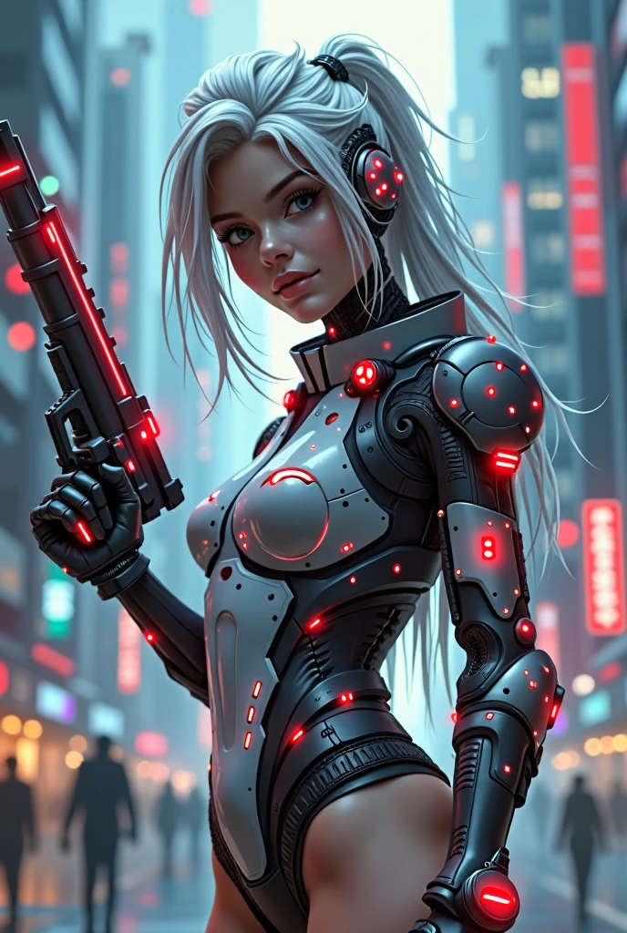 Cyber girl with futuristic helmet and futuristic weapons in a city., cute chica cyborg, chica cyberpunk mech, Wojtek FUS, beautiful cyborg girl, chica cyborg, Cyborg - Chica with silver hair, Digital cyberpunk art, Cyborg - Chica, girl with mecha cybernetic armor, beautiful cyberpunk girl face, beautiful digital artwork, ross tran 8k, perfect android girl