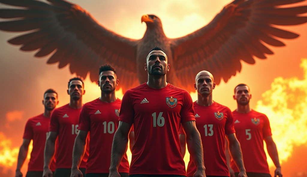 A heroic Egyptian football team, a majestic eagle soaring in the background with wings spread, a raging fire behind it, (best quality,4k,8k,highres,masterpiece:1.2),ultra-detailed,(realistic,photorealistic,photo-realistic:1.37),dramatic lighting,epic,cinematic,powerful,imposing,intricate details,stunning,vibrant colors,dramatic shadows,intense atmosphere,heroic poses,muscular builds,determined expressions,national pride
