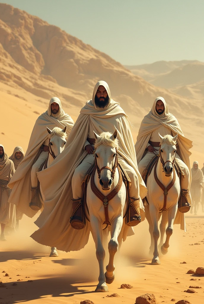In the desert, there are 3 strong men wearing white cloaks. They are riding on 3 white horses. Behind them are slaves walking on the ground wearing cheap clothes.