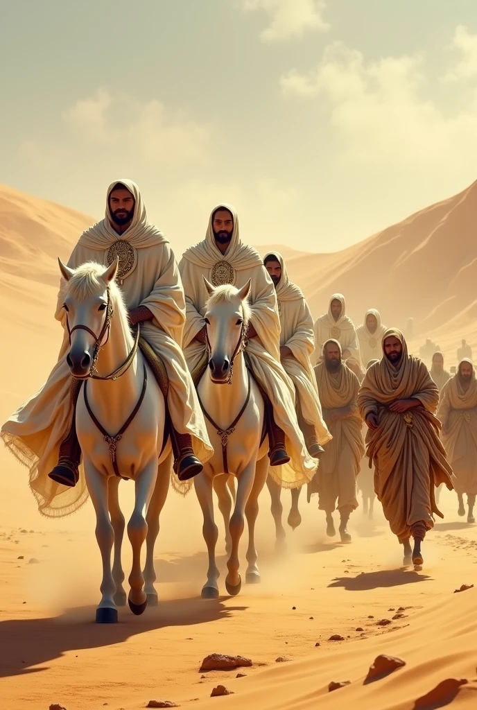 In the desert, there are 3 strong men wearing white cloaks. They are riding on 3 white horses. Behind them are slaves walking on the ground wearing cheap clothes.