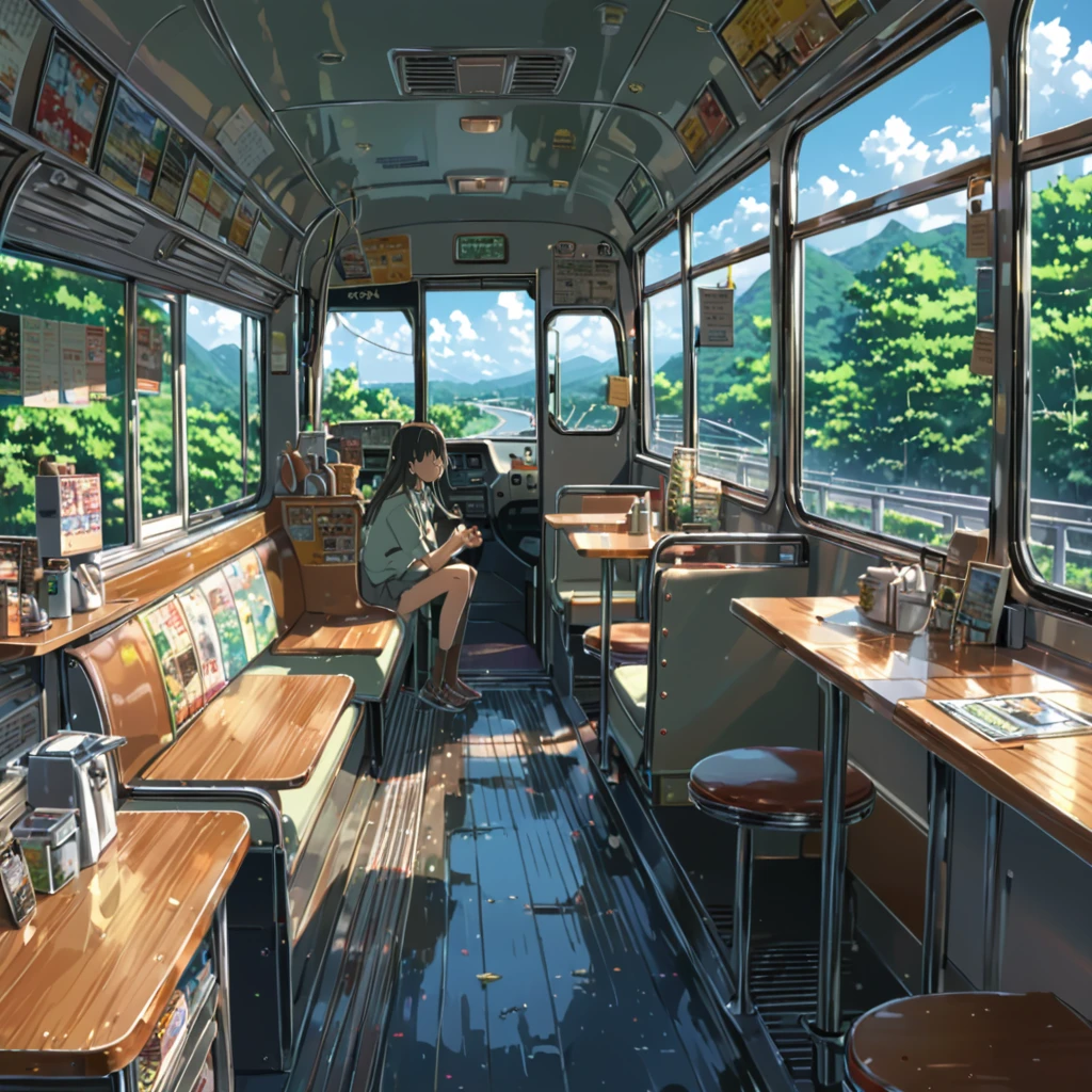 ((anime:1.4,illustration)),(masterpiece, top quality, best quality),(ultra-detailed, absolutely resolution),((16k, high res)), (((cafe in side of bus))), ((anime:1.4,illustration)),(masterpiece, top quality, best quality),(ultra-detailed, absolutely resolution),((16k, high res)). BREAK {lofi art, style of Laurie Greasley, style of Makoto Shinkai, anime aesthetic}, BREAK { (produces images with information than 40 million pixels with cinematic-like detailed textures shot on a Sony SLR).}