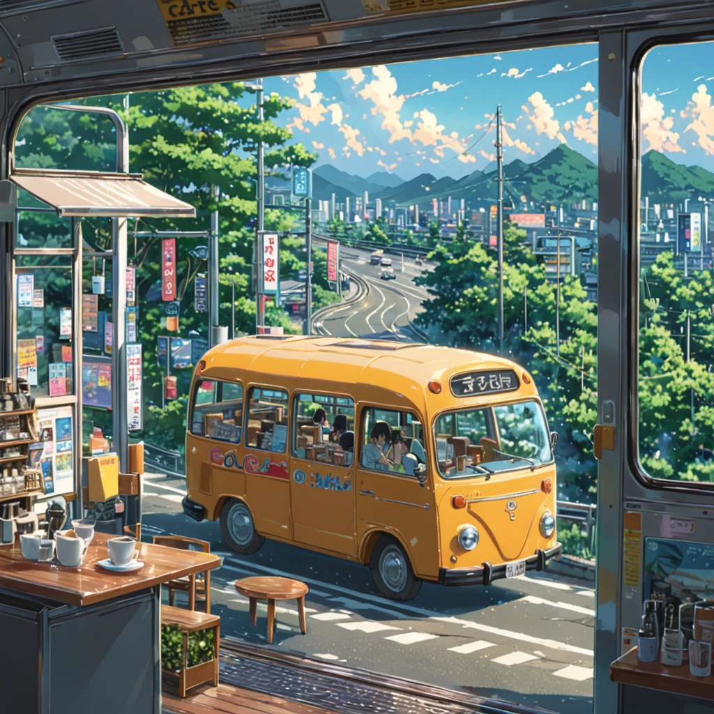 ((anime:1.4,illustration)),(masterpiece, top quality, best quality),(ultra-detailed, absolutely resolution),((16k, high res)), (((cafe in side of bus))), ((anime:1.4,illustration)),(masterpiece, top quality, best quality),(ultra-detailed, absolutely resolution),((16k, high res)). BREAK {lofi art, style of Laurie Greasley, style of Makoto Shinkai, anime aesthetic}, BREAK { (produces images with information than 40 million pixels with cinematic-like detailed textures shot on a Sony SLR).}