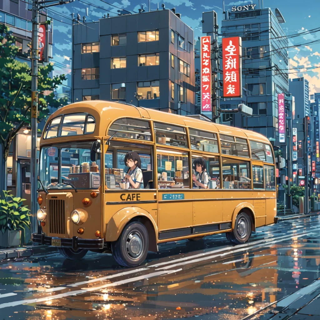 ((anime:1.4,illustration)),(masterpiece, top quality, best quality),(ultra-detailed, absolutely resolution),((16k, high res)), (((cafe in side of bus))), ((anime:1.4,illustration)),(masterpiece, top quality, best quality),(ultra-detailed, absolutely resolution),((16k, high res)). BREAK {lofi art, style of Laurie Greasley, style of Makoto Shinkai, anime aesthetic}, BREAK { (produces images with information than 40 million pixels with cinematic-like detailed textures shot on a Sony SLR).}