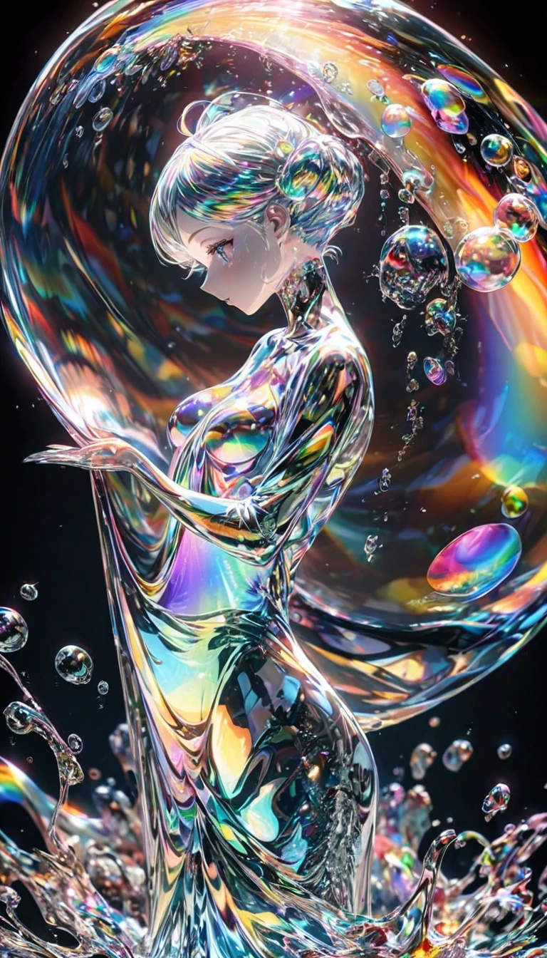 Shining in rainbow colors、Super detailed, 8k, Rainbow Glass, Iridescent水ガラスの中の水, Rainbow Bubble, Right blue water, nice, bright,16K, Ultra-high resolution, Ultra-high resolution, to be born,wonderful ,future、Iridescent、The world 30 years from now