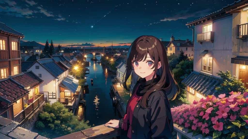 masterpiece,Highest quality,One Girl,The hair color is brown, Eye color: black, smile,countryside,Cityscape,night景,Flowers and plants,scenery,night,Light Perception,soft,
