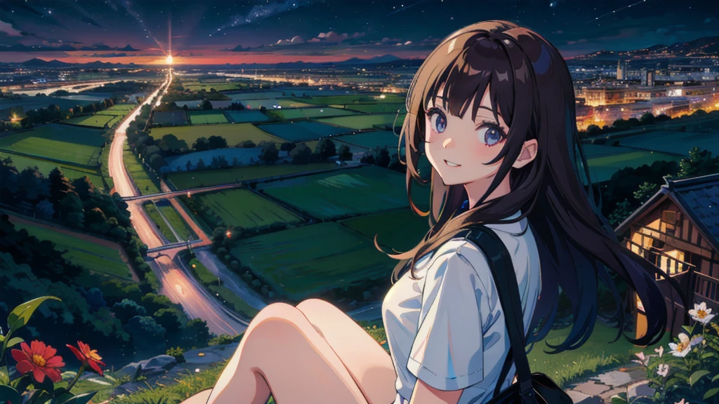 masterpiece,Highest quality,One Girl,The hair color is brown, Eye color: black, smile,countryside,Cityscape,night景,Flowers and plants,scenery,night,Light Perception,soft,